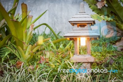 Wooden Lamp Decorated In Garden Stock Photo