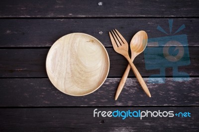 Wooden Plate Set Stock Photo