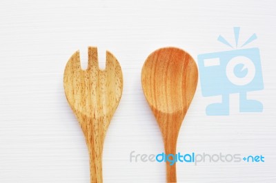 Wooden Spoon And Fork On White Background Stock Photo