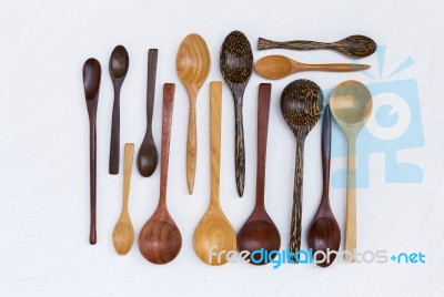 Wooden Spoon Collections With Natural Pattern Stock Photo