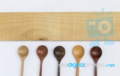 Wooden Spoon With Natural Pattern With Blank Wooden Sign Stock Photo