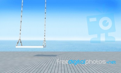 Wooden Swing With Beach Lounge Sea View And Blue Sky-3d Renderin… Stock Image