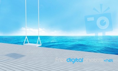 Wooden Swing With Beach Lounge Sea View And Blue Sky-3d Renderin… Stock Image