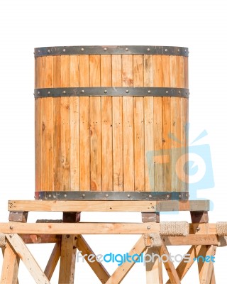 Wooden Water Tower With Steel Ring Isolated Stock Photo