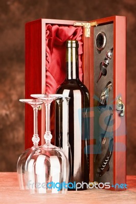 Wooden Wine Case With Wine And Glasses Stock Photo