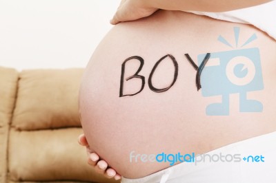 Word Boy Written On Pregnant Belly Stock Photo