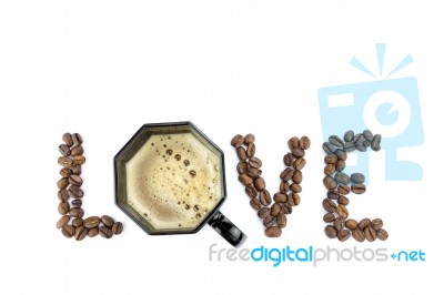 Word Love With Coffee Beans And Cup Stock Photo