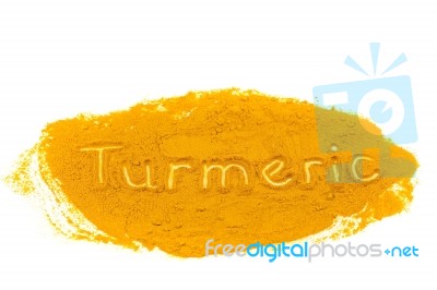 Word Turmeric Written In Powder On White Background Stock Photo