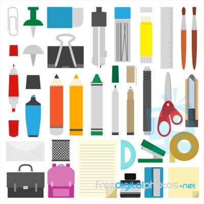 Work Draw Sketch School Stationary Flat Design Set Illustration Stock Image