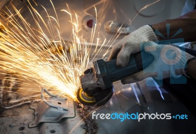 Worker Hand Working By Industry Tool Cutting Steel Stock Photo