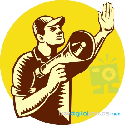 Worker Holding Megaphone Circle Woodcut Stock Image