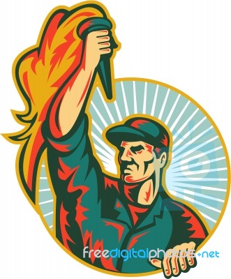 Worker Holding Up Flaming Torch Circle Retro Stock Image