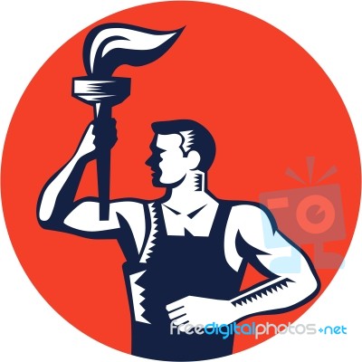 Worker Holding Up Flaming Torch Circle Woodcut Stock Image