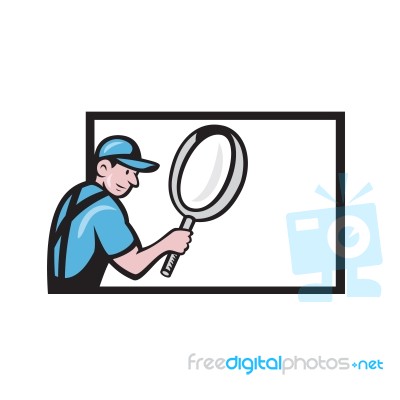 Worker Magnifying Glass Billboard Cartoon Stock Image