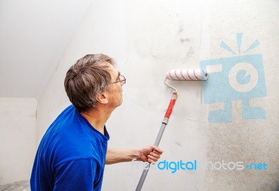 Worker Painting Wall With Background Glue For A Wallpaper Stock Photo