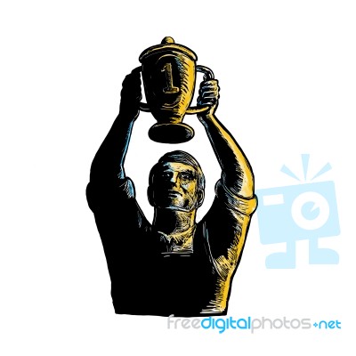 Worker Winning Championship Trophy Cup Woodcut Stock Image