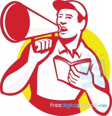 Worker With Book And Bullhorn Retro Stock Image