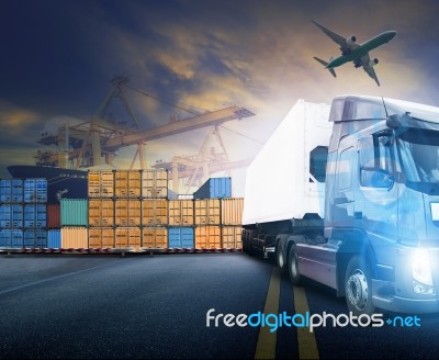 Working Man And Container Truck ,ship In Port And Freight Cargo Plane In Transport And Import-export Commercial Logistic ,shipping Business Industry Stock Photo