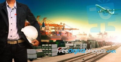 Working Man And Ship,trains ,plane ,freight Cargo Logistic And Import,export Transportation Stock Photo