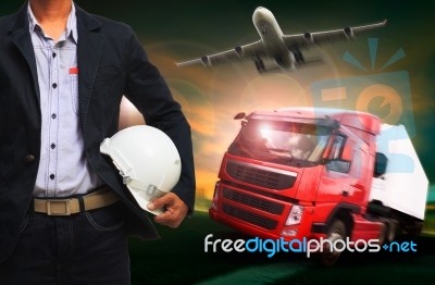 Working Man In Land By Truck And Air By Plane Logistic Industry , Transportation Business Stock Photo