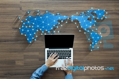 Working On Computer Social Media Network Stock Image