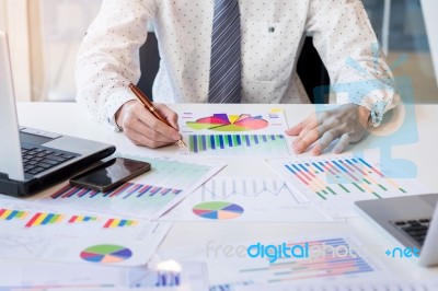 Working Process Startup. Businessman Working At The Wood Table W… Stock Photo