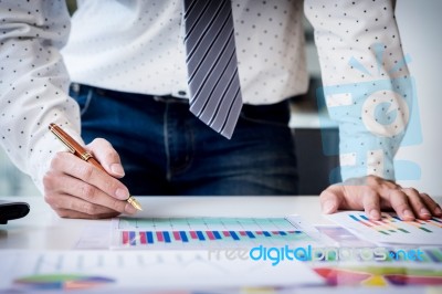 Working Process Startup. Businessman Working At The Wood Table W… Stock Photo