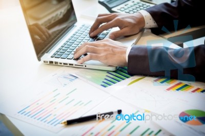 Working Process Startup. Businessman Working At The Wood Table W… Stock Photo