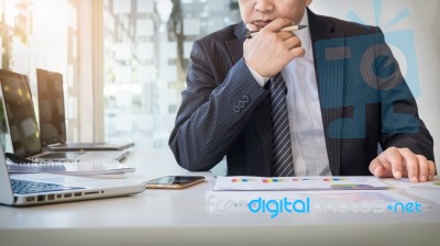 Working Process Startup. Businessman Working At The Wood Table W… Stock Photo