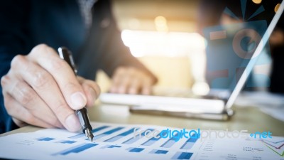 Working Process Startup. Businessman Working At The Wood Table W… Stock Photo