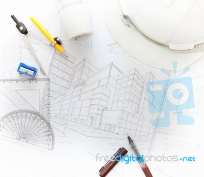 Working Table Of Architect With Related Equipment Stock Photo