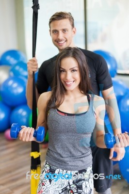 Workout With Couch At Fitness Club Stock Photo