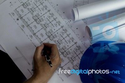 Workplace Of Architect - Architect Rolls And Plans.architectural… Stock Photo