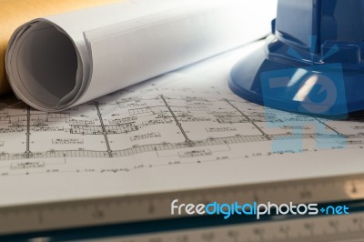 Workplace Of Architect - Architect Rolls And Plans.architectural… Stock Photo