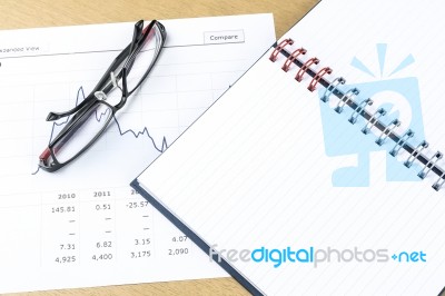 Workplace With Pen, Notebook, Glasses And Financial Report Stock Photo