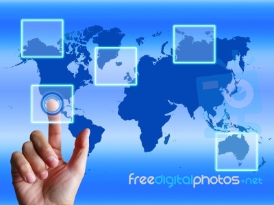 World Map Finger Shows Worldwide Communication And Global Cybers… Stock Image