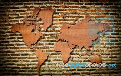 World Map On Brick Wall Stock Photo