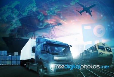 World Trading With Industries Truck,trains,ship And Air Cargo Freight Logistic Background Use For All Import Export Transportation Theme Stock Photo