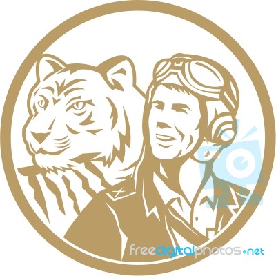 World War 2 Pilot Airman Tiger Gold Circle Retro Stock Image