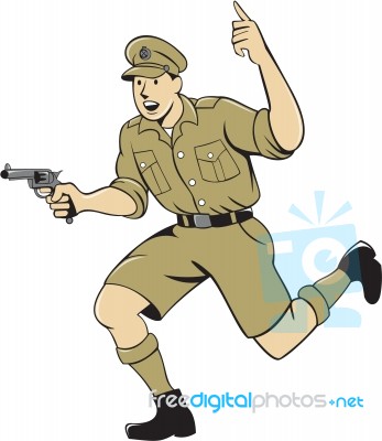 World War One British Officer Running Pistol Cartoon Stock Image