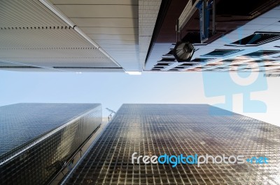 Worm Eye View Of Glass Block  Modern Building Stock Photo