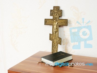 Worn Bible With Two Bronze Crosses Stock Photo