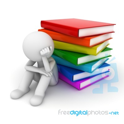 Worried Figure Sitting With Stack Of Books Stock Image