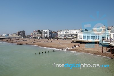 Worthing, West Sussex/uk - April 20 : View Of Worthing Beach In Stock Photo