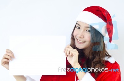 Xmas Girl Happy Showing Blank Sign Paper Stock Photo