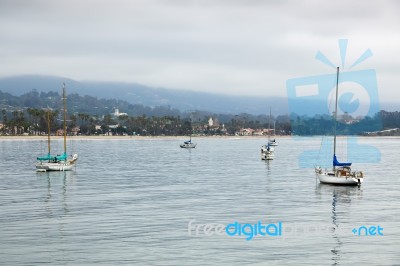 Yachts Anchored Off Santa Barbara Beach Stock Photo