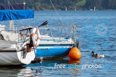 Yachts At Lake Mondsee In Austria Stock Photo