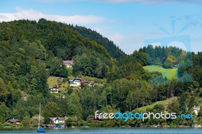 Yachts Moored In Lake Wolfgang Near St. Gilgen Stock Photo