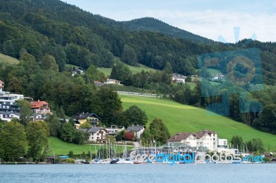 Yachts Moored On Lake Mondsee In Austria Stock Photo