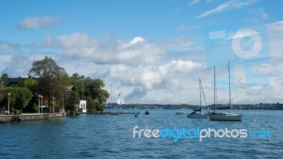 Yachts Moored On The Lake At Attersee Stock Photo